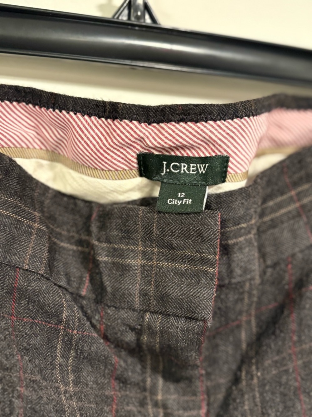 J. Crew Charcoal Plaid City Fit Pants with Pink Waistband Trim - Picture 2 of 5